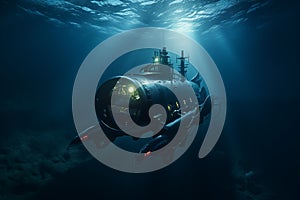 Small scientific submarine exterior with lights illuminating underwater. Generative AI