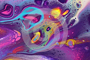 Abstract painting with neon yellow, pink, and real for a cosmic feel for backgrounds.
