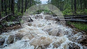 A small seemingly insignificant stream turned into a raging force through the landscape and uprooting trees