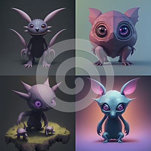 Small set of tiny cute creepy creatures, 3D concept characters