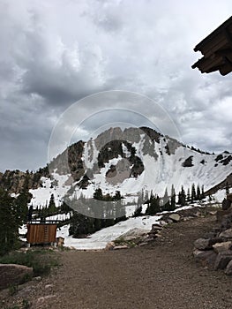 Small shed and snow at summit Wasatch Mountain Range Utah