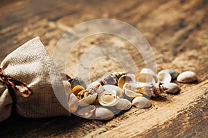 Small shells are poured out of a linen bag. Place for text on wooden rustic background, close up