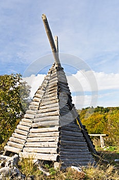 Small shepherd's hut on mount Bobija, like a tent but made of wood