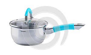 small shiny stainless steel pot with cyan blue handle and glass lid - isolated on white