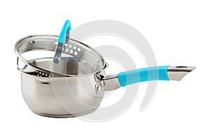 small shiny stainless steel pot with cyan handle and glass lid - isolated on white