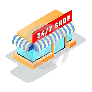 Small shop, minimarket with store sign 24 7 open. Twenty fout hour work, online shopping concept.