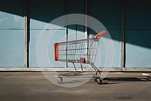 Small shopping cart casts natural hard shadows against empty backdrop