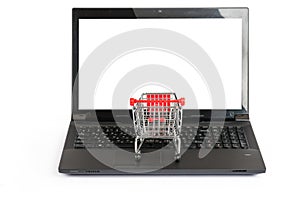 Small shopping cart on laptop, front view