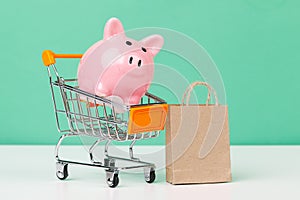 Small shopping cart with paper bags. Close up.