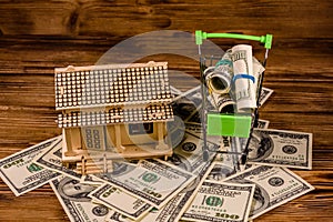 Small shopping cart with rolled up one hundred dollar banknotes and plywood model of the house on a wooden background. Loan, real