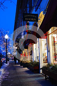 Small shops and boutiques are decorated for Christmas