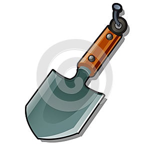 A small shovel hanging on a nail isolated on a white background. Cartoon vector close-up illustration.