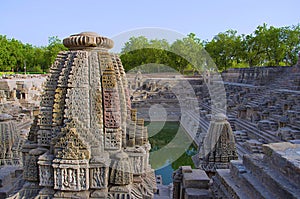 Small shrines and steps to reach the bottom of the reservoir, of the Sun Temple. Modhera village of Mehsana district, Gujarat