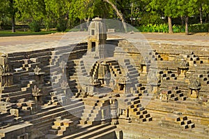 Small shrines and steps to reach the bottom of the reservoir, of the Sun Temple. Modhera village of Mehsana district, Gujarat,