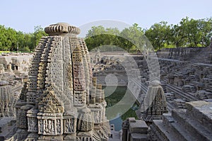 Small shrines and steps to reach the bottom of the reservoir, of the Sun Temple. Modhera village of Mehsana district, Gujarat,