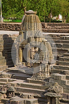 Small shrines and steps to reach the bottom of the reservoir, of the Sun Temple. Modhera village of Mehsana district, Gujarat