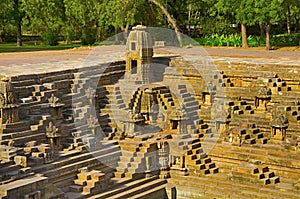 Small shrines and steps to reach the bottom of the reservoir, of the Sun Temple. Modhera village of Mehsana district, Gujarat