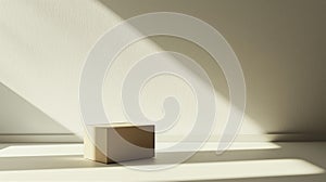 A photorealistic image of a minimalistic cardboard box on a white surface with soft lighting