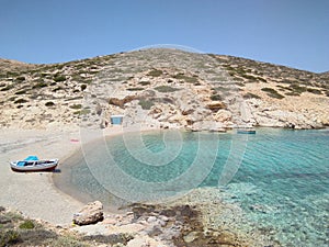 A small single beach on the Greek island of Donousa. An idylic secluded bay.
