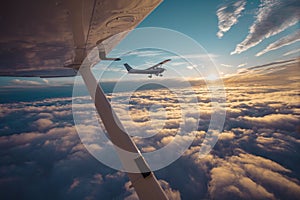 Small single engine airplane flying in the gorgeous sunset sky through the sea of clouds