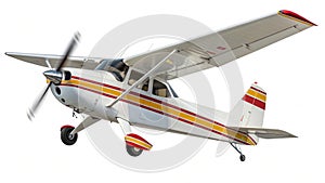 A small, single-engine propeller airplane is in flight