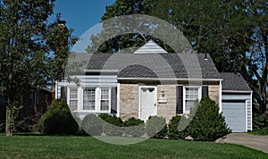 Small Single Story, Stone Front House with Shrubs