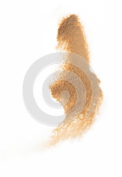 Small size fine Sand flying explosion, Golden grain wave explode. Abstract cloud fly. Yellow colored sand splash silica in Air.