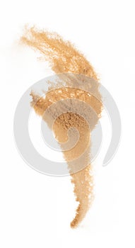 Small size fine Sand flying explosion, Golden grain wave explode. Abstract cloud fly. Yellow colored sand splash silica in Air.