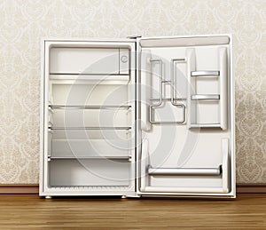 Small size hotel refrigerator standing on parquet floor. 3D illustration