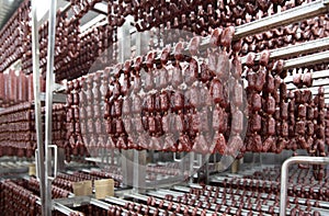 Small smoked sausages are dried in an industrial drying chamber