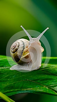 Small snail green, nature macro photography, wildlife closeup shot