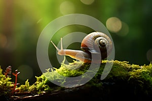 Small snail slowly traversing a moss-covered stone, its spiral shell gleaming in the soft light. Generative AI