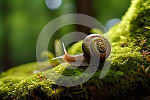 Small snail slowly traversing a moss-covered stone, its spiral shell gleaming in the soft light. Generative AI