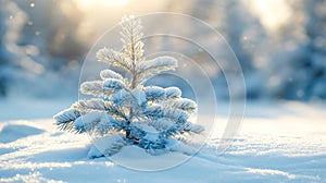 A Small Snow Covered Pine Tree In Winter Sunlight