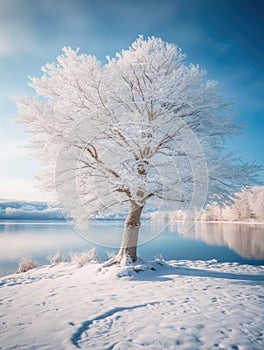 Small, snow-covered tree standing alone on shore of lake. It is surrounded by water and appears to be in front of mountain range