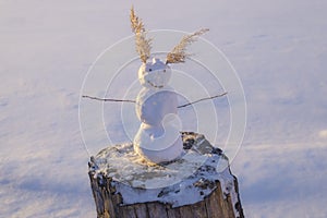 Small snowman on tree stump