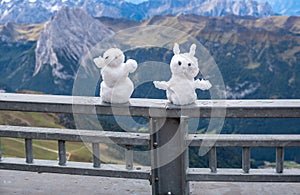 The small snowmen on the iron fence of Sass Pordoi Terrazza Delle Dolomiti
