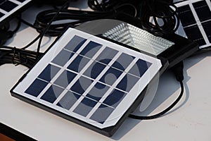 Small Solar Cell Panel and Small LED Light for Local Area Road. Sunlight Power Generation Electrical Energy