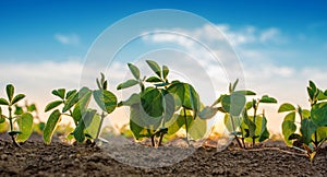 Small soybean plants growing in row