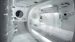 Small spaceship room interior, design of habitat in starship or home on planet. Inside spacecraft, white medical compartment with
