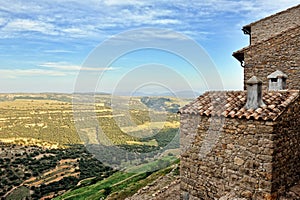 Small spanish old town Ares with mountains view.