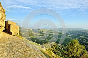 Small spanish old town Ares with mountains view.