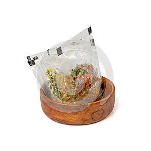 Small Spice Pouch Isolated, Dried Vegetables and Herbs Mix in Plastic Bag, Dry Peas, Greens, Dehydrated Food