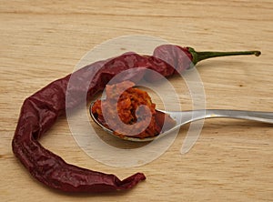 A small spoon with spicy sauce next to a red pepper, on a wooden surface. Concept of foods with aphrodisiac properties