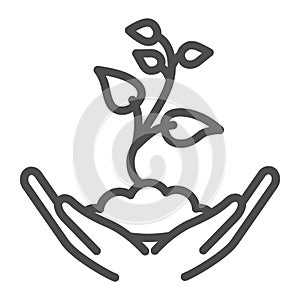 Small sprout with first leaves in soil in caring hands line icon, gardening concept, seedling sign on white background