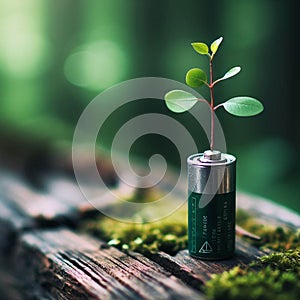 small sprout of grass from an old AA battery isolated on a blurred forest background