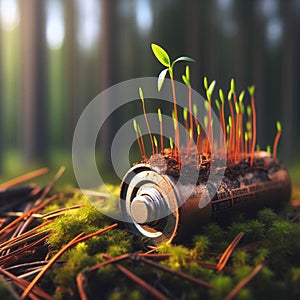 small sprout of grass from an old AA battery isolated on a blurred forest background