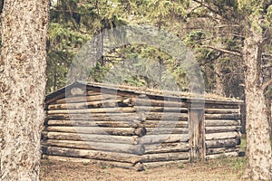 A small squat settlers cabin in the forest