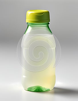 A small, squeezable plastic bottle filled with lemon juice, capped with a bright green lid, positioned at an angle