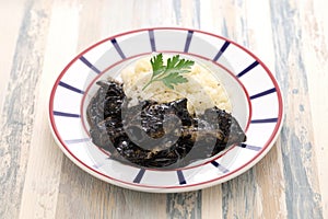 Small squid cooked in black ink, spanish basque cuisine photo